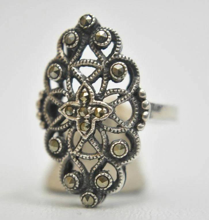 LONG MARCASITES RING ART DECO STERLING SILVER SIZE 8.25 (1 of 2)