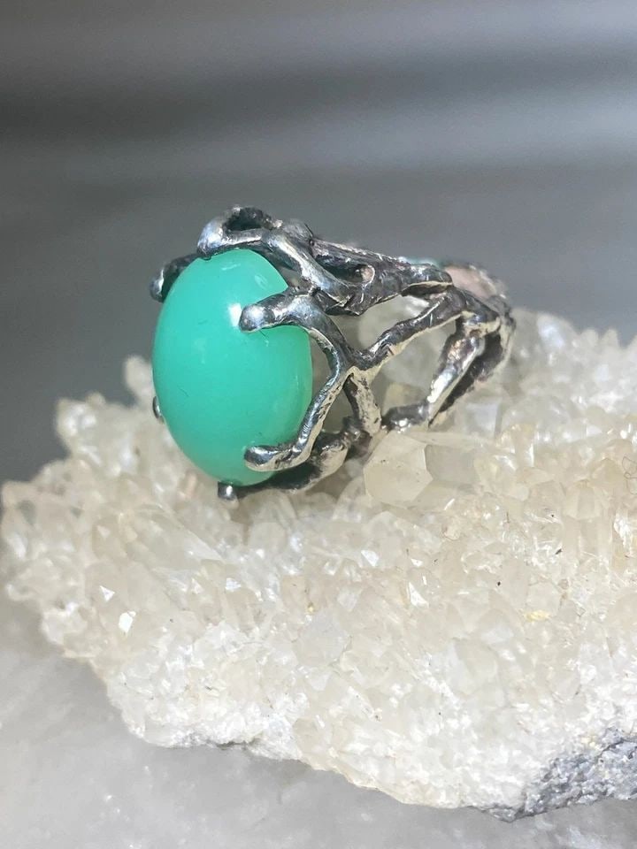 BRUTALIST RING SIZE 5 GREEN STONE SOUTHWEST STERLING SILVER WOMEN (1 of 1)