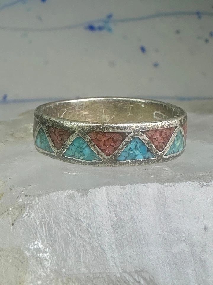 ZUNI TURQUOISE RING CORAL WEDDING BAND SIZE 12.25 VINTAGE STERLING SILVER WOMEN (1 of 1)