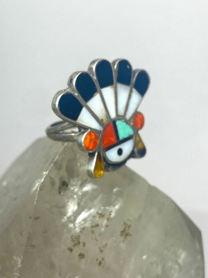 SUN FACE RING CORAL TURQUOISE ONYX ZUNI PINKY STERLING SILVER WOMEN GIRLS (1 of 2)