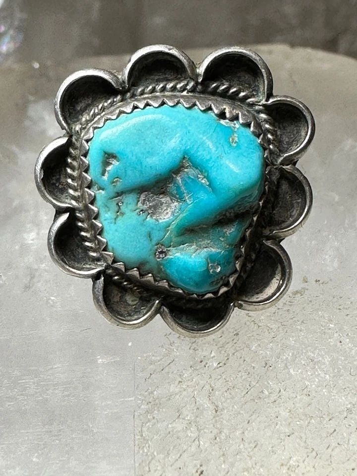 TURQUOISE RING SIZE 6 NAVAJO FLOWER STERLING SILVER WOMEN (1 of 1)