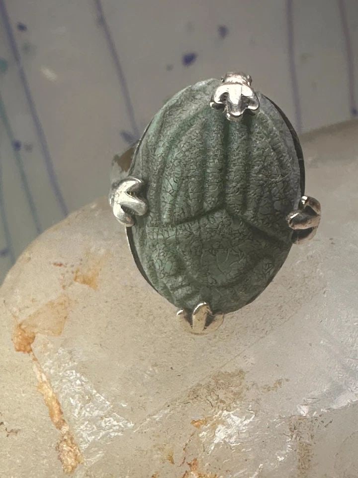 SCARAB RING CARVED STONE ADJUSTABLE SIZE 8.75 STERLING SILVER WOMEN (1 of 1)