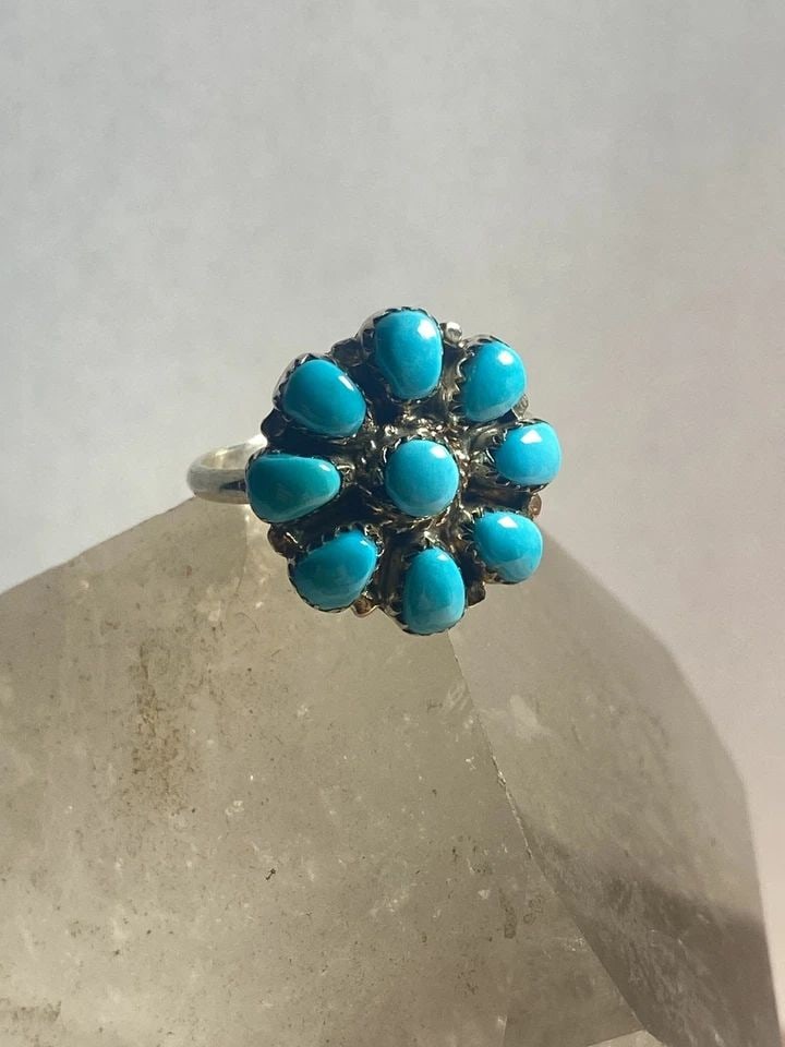 TURQUOISE RING SIZE 7.50 PETITE POINT ZUNI FLOWER STERLING SILVER WOMEN GIRLS (1 of 1)