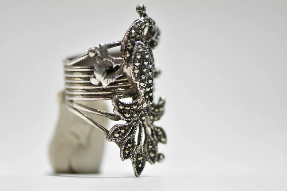 LONG PEACOCK RING BIRD BAND MARCASITES BOHO STERLING SILVER WOMEN SIZE 7.50 (1 of 2)