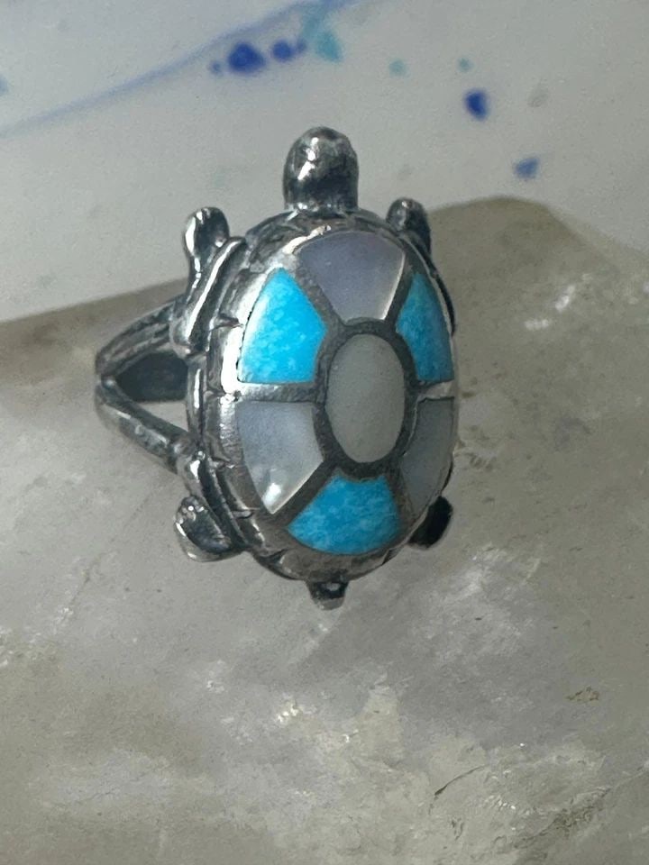 ZUNI TURTLE RING SIZE 5 TURQUOISE MOTHER OF PEARL STERLING SILVER WOMEN GIRLS (1 of 2)
