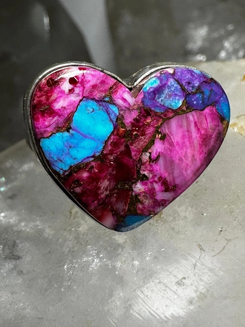 HEART RING MOHAVE TURQUOISE LOVE VALENTINE SIZE 8 ADJ STERLING SILVER WOMEN (1 of 1)