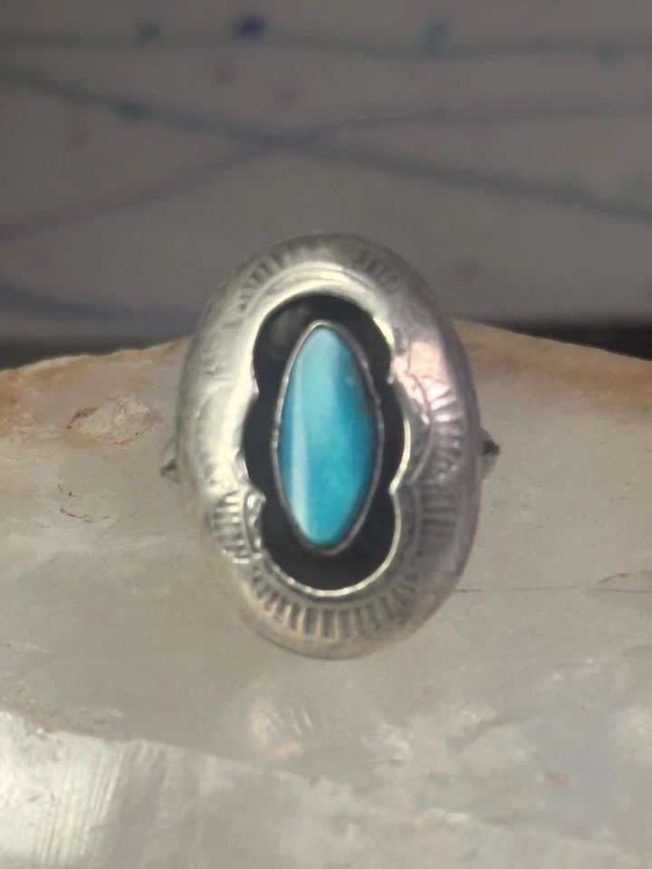 NAVAJO RING SHADOW BOX TURQUOISE SIZE 7.2 STERLING SILVER WOMEN GIRLS (1 of 2)