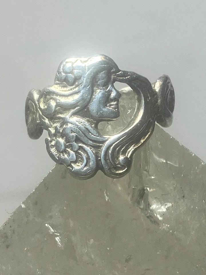 LADY FACE RING ART DECO INFLUENCES FLORAL BAND STERLING SILVER WOMEN GIRLS (1 of 2)