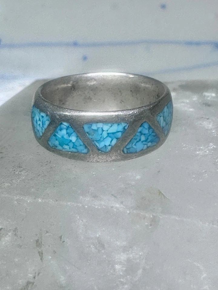 ZUNI RING WEDDING BAND STERLING SILVER TURQUOISE CHIPS SIZE 6.75 MEN WOMEN (1 of 1)