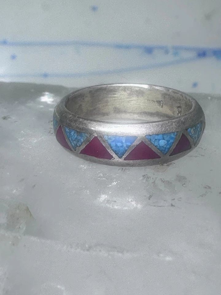 ZUNI RING WEDDING BAND STERLING SILVER TURQUOISE CORAL CHIPS SIZE 7.5 MEN WOMEN (1 of 1)