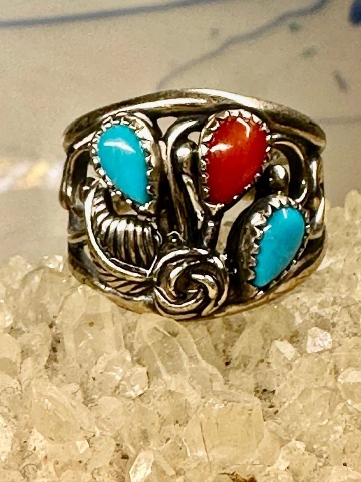 TURQUOISE RING SOUTHWEST BAND CORAL STERLING SILVER SIZE 5.75 WOMEN SIGNED (1 of 1)