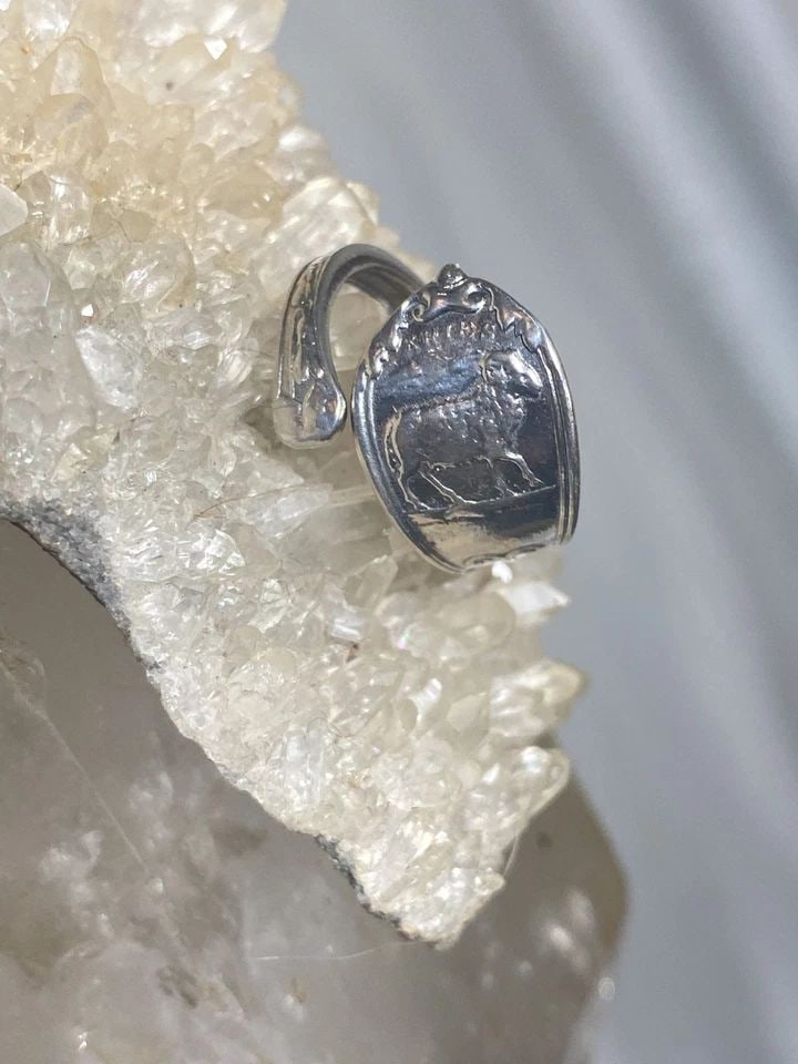 ARIES SPOON RING MARCH RAM BIRTHDAY BAND ZODIAC STERLING SILVER WOMEN: ARIES SPOON RING MARCH RAM BIRTHDAY BAND ZODIAC STERLING SILVER WOMEN Aries spoon ring size 7.50 March Ram birthday band sterling silver women adj Size 7.50 adjustable Weight. 4.9g Width 5/8" Thinnest