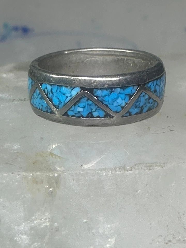 VINTAGE ZUNI RING TURQUOISE CHIPS SIZE 5.25 WEDDING BAND STERLING SILVER (1 of 2)