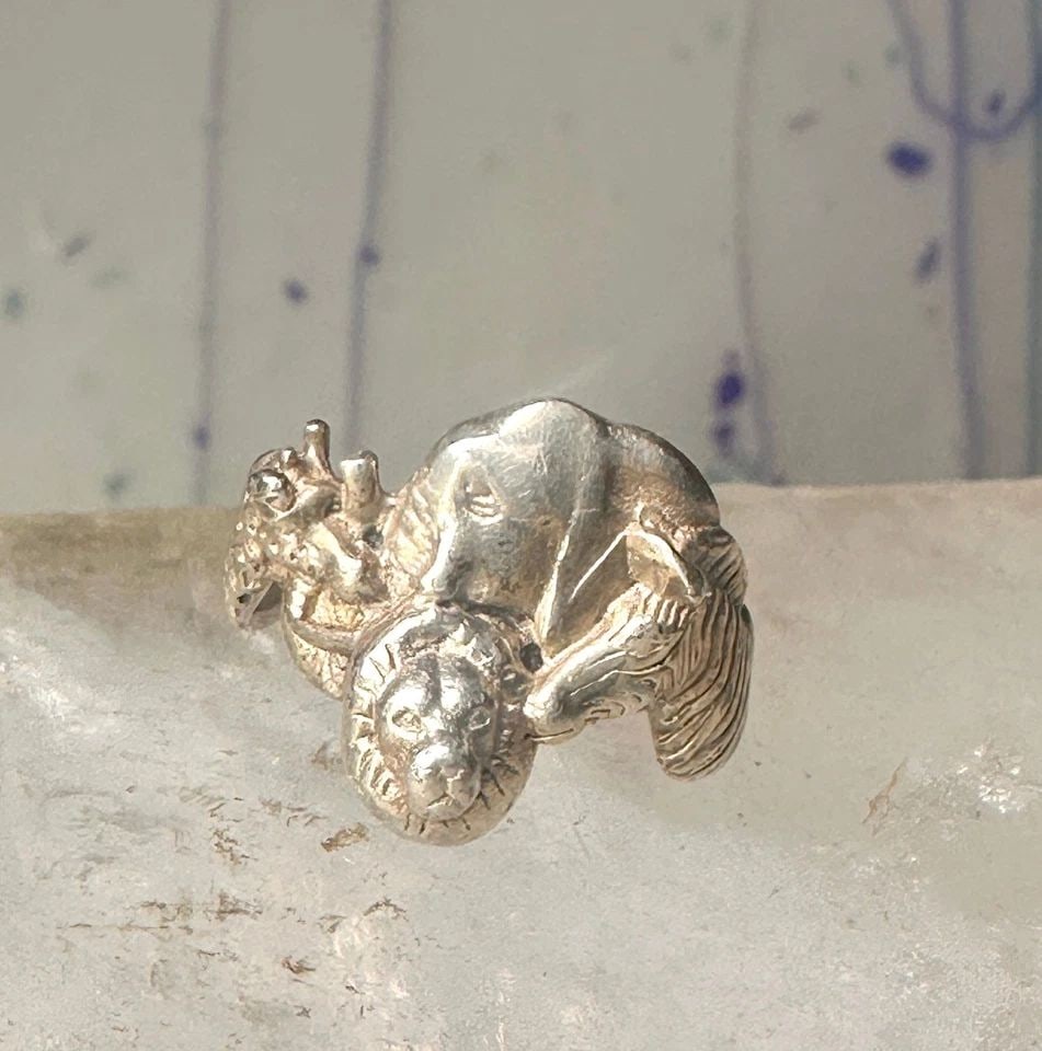 VINTAGE SAFARI RING ELEPHANT ZEBRA GIRAFFE LION BAND SIZE 6.5 STERLING SILVER WO (1 of 2)