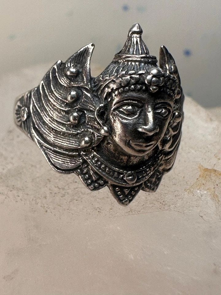 WINGED GODDESS RING FACE DEITY BAND SIZE 7.75 STERLING SILVER WOMEN (1 of 2)