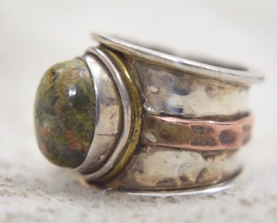 VINTAGE UNAKITE RING STERLING SILVER CIGAR BAND W COPPER STRIP SIZE 6.5 (1 of 2)