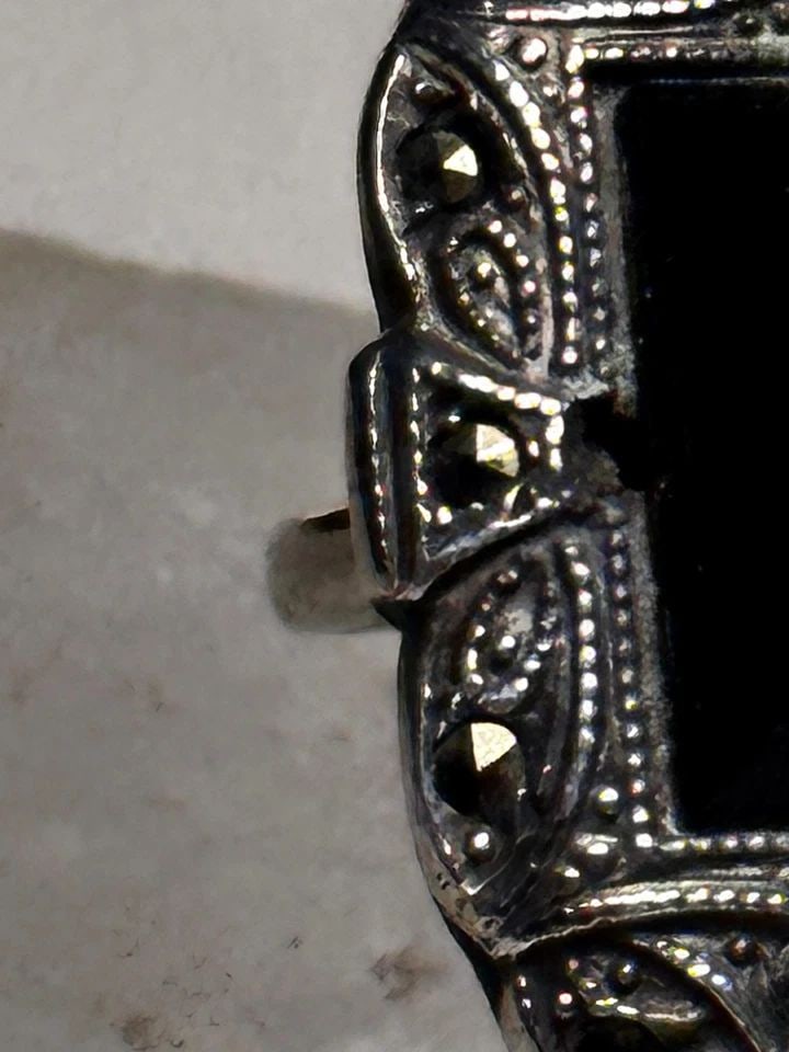 ONYX RING ART DECO SIZE 5.75 MRCASITES MOURNING STERLING SILVER WOMEN (1 of 1)