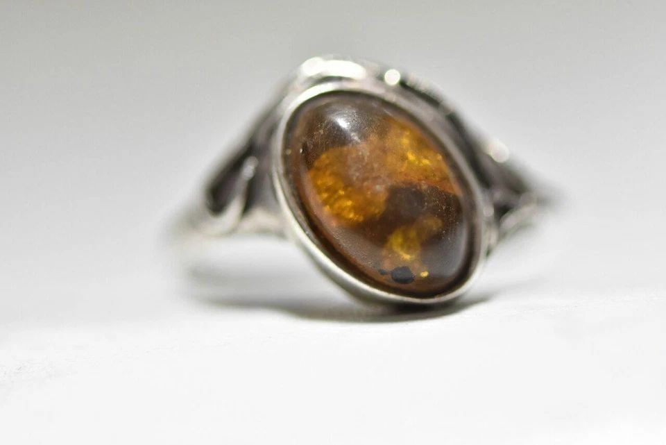 AMBER RING FLORAL ART NOUVEAU DECO STERLING SILVER WOMEN SIZE 8.50 (1 of 1)