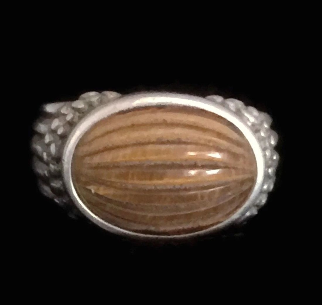 VINTAGE STERLING SILVER FLUTED TIGER EYE RING SIZE 6 7.2G WOMEN (1 of 1)