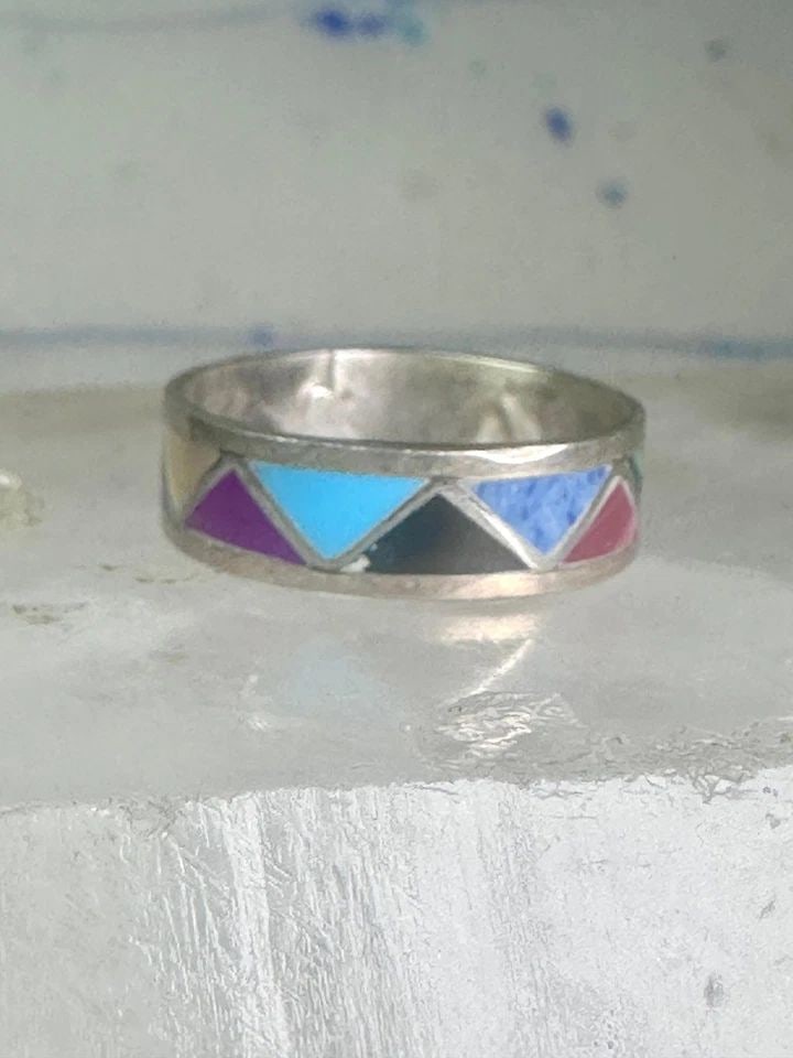 ZUNI TURQUOISE RING MALACHITE LAPIS WEDDING BAND SIZE 7 VINTAGE STERLING SILVER (1 of 1)