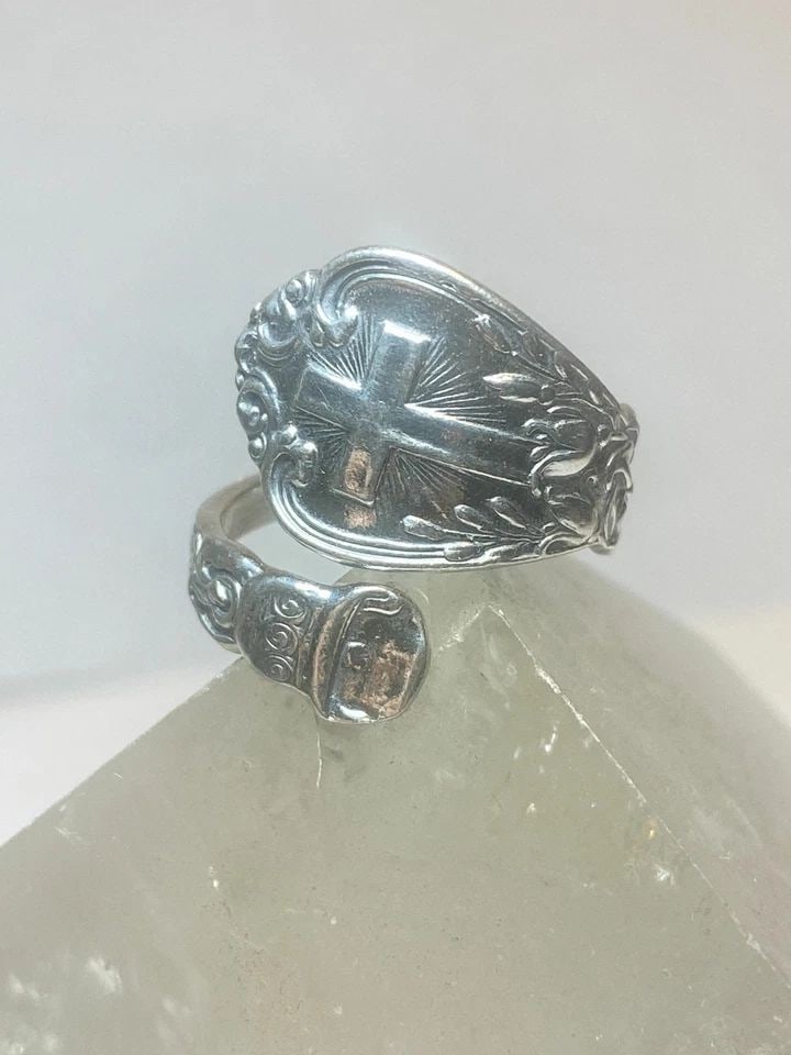CROSS SPOON RING RELIGIOUS FLORAL XMAS BELL BAND STERLING SILVER WOMEN GIRLS (1 of 2)