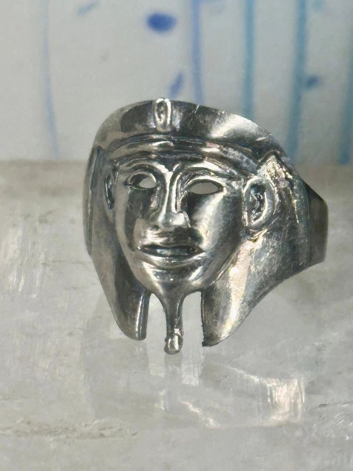 EGYPTIAN PHARAOH RING FACE BAND SPHYNX ART DECO FIGURATIVE STERLING SILVER SIZE (1 of 2)