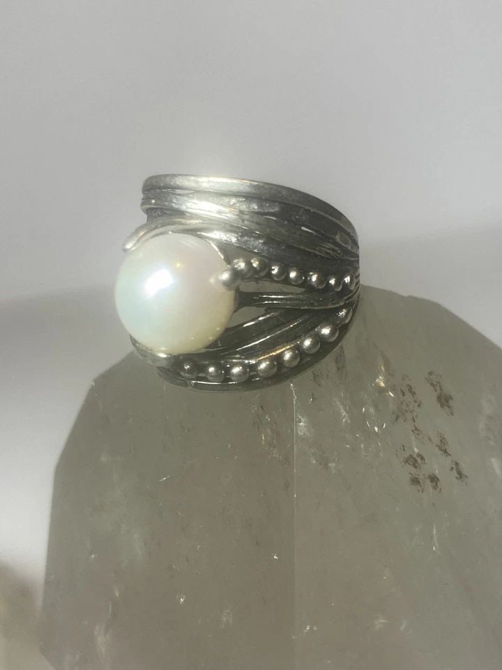 PEARL RING CIGAR BAND BEADED ISRAEL STERLING SILVER WOMEN GIRL (1 of 2)