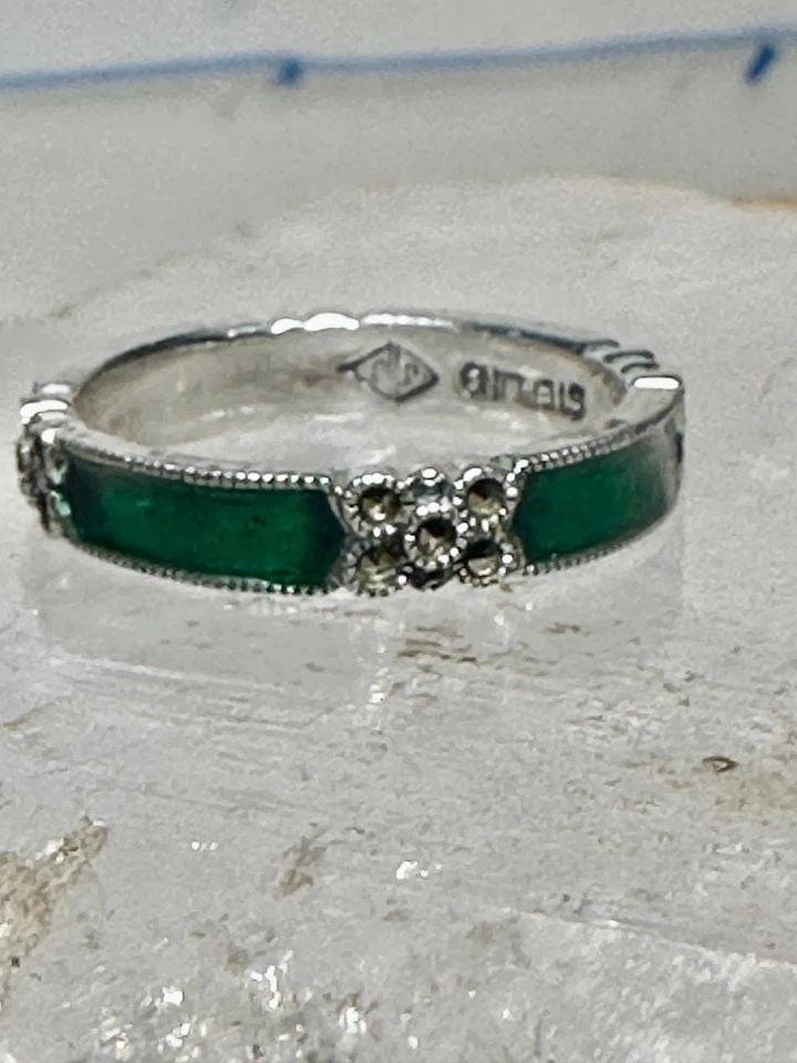 JUDITH JACK RING WEDDING GREEN ENAMEL BAND MARCASITES STACKER SIZE 8 STERLING SI (1 of 1)