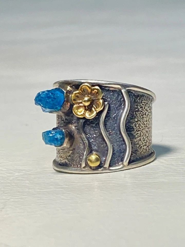 FLORAL RING CIGAR BAND BOHO BLUE CRYSTAL QUARTZ STERLING SILVER WOMEN GIRLS (1 of 2)