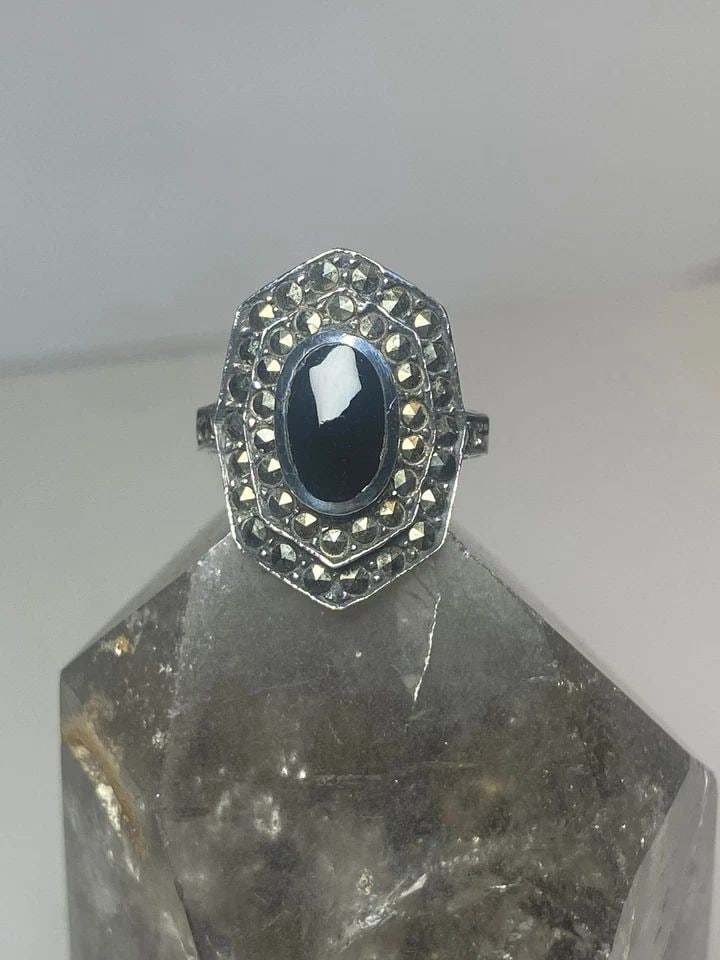 LONG ONYX RING SIZE 7 MARCASITES ART DECO STERLING SILVER WOMEN (1 of 1)