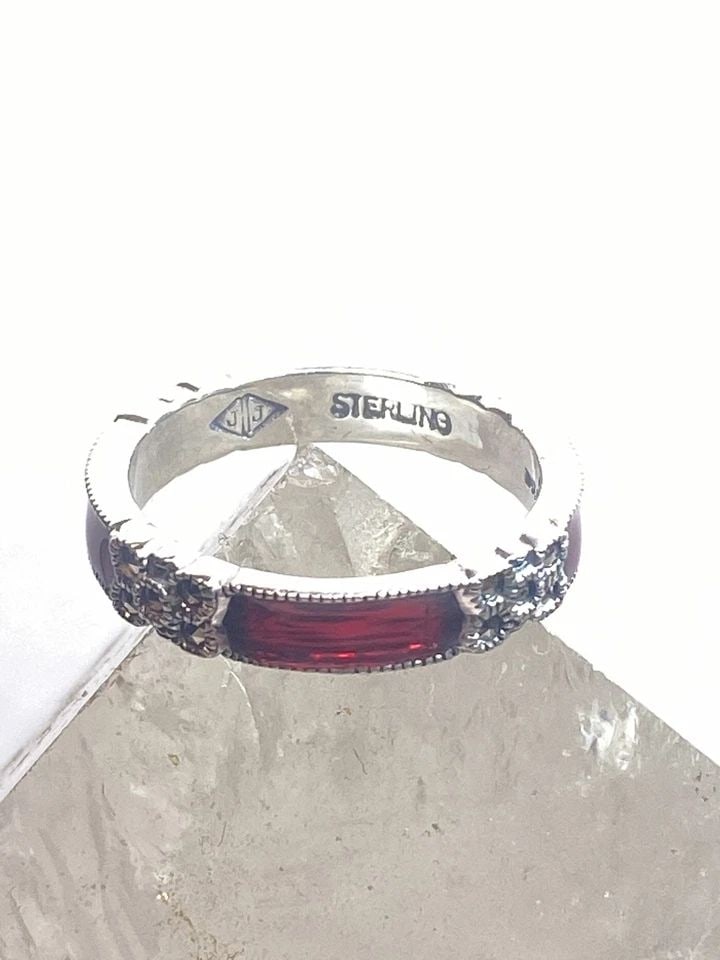 JUDITH JACK RING SIZE 6 ART DECO STYLE BAND STACKER MARCASITE RED STERLING SILVE (1 of 2)
