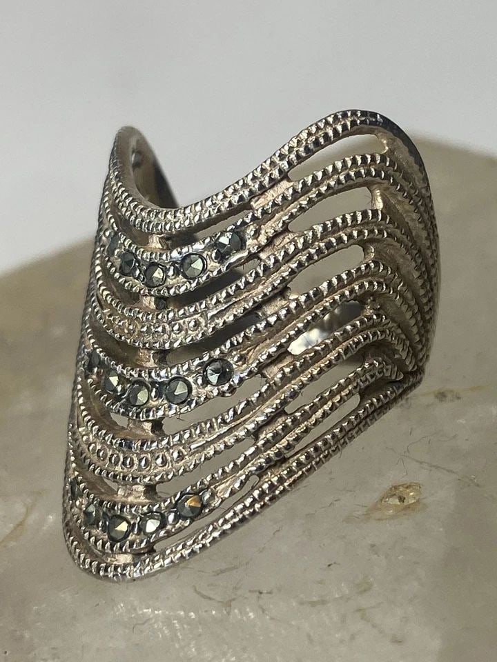 KNUCKLE RING SIZE 6 CIGAR MARCASITES BAND STERLING SILVER WOMEN (1 of 1)