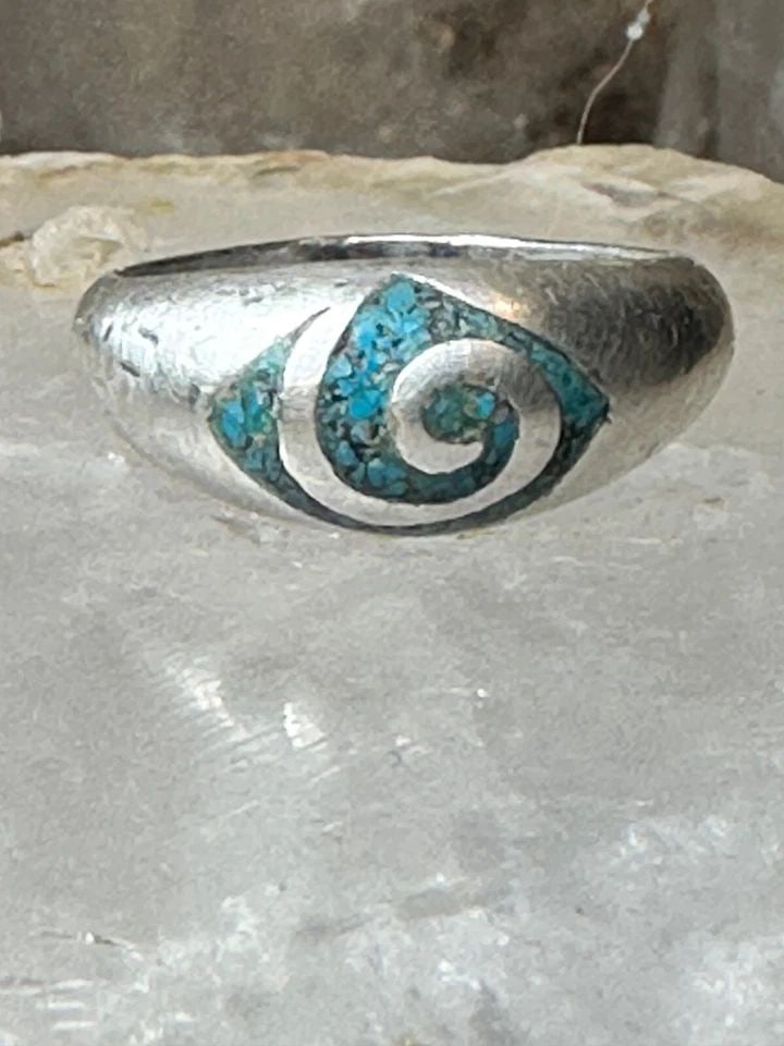 SPIRAL RING SIZE 6.50 TURQUOISE CHIPS SOUTHWESTERN STERLING SILVER WOMEN (1 of 1)