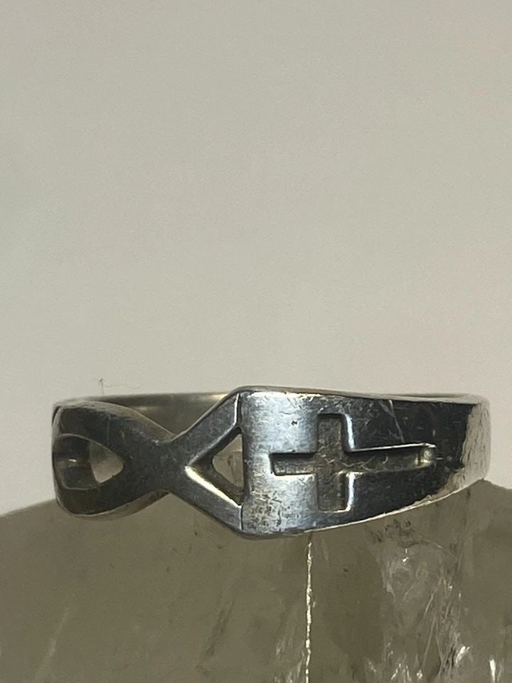 CROSS RING RELIGIOUS FISH BAND STERLING SILVER WOMEN GIRLS (1 of 1)