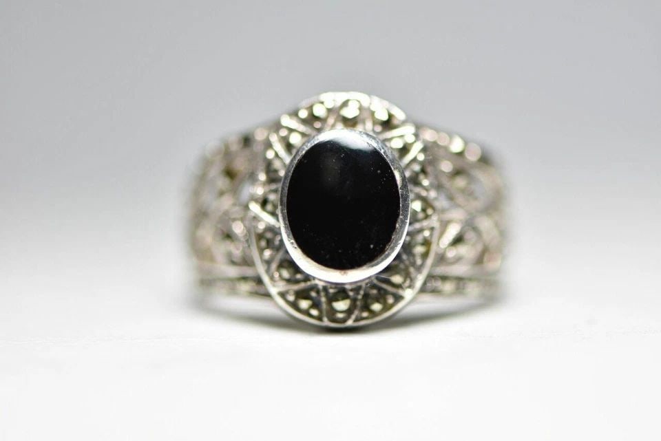 ONYX RING MARCASITES ART DECO FLORAL BAND BOHO STERLING SILVER WOMEN SIZE 8.75 (1 of 1)