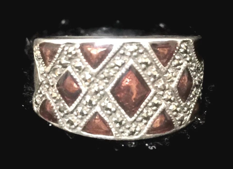 ART DECO CIGAR BAND ENAMEL BOHO MARCASITES STERLING SILVER VINTAGE SIZE 6.50 (1 of 1)
