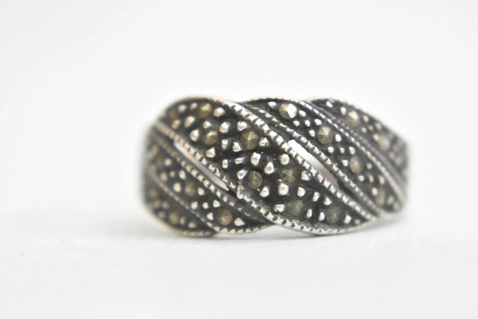 FLOWER LEAF RING MARCASITE CIGAR BAND ART DECO STERLING SILVER THUMB WOMEN SIZE (1 of 1)