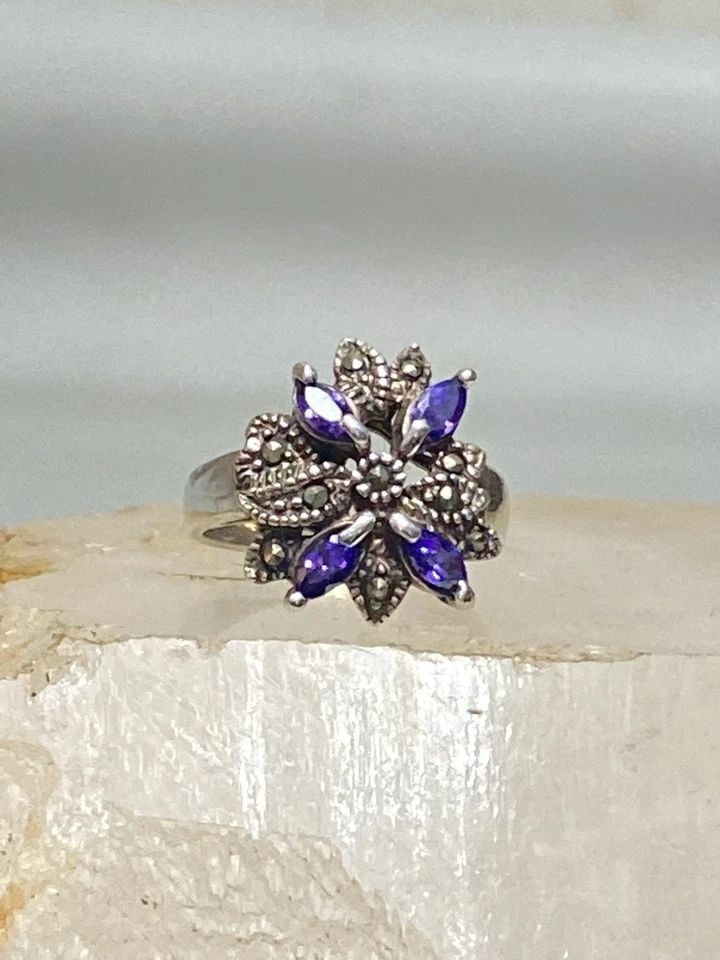 AMETHYST RING FLOWER MARCASITE ART DECO STYLE STERLING SILVER WOMEN (1 of 2)