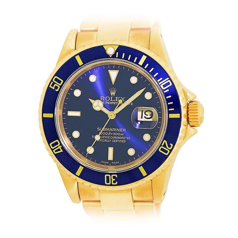 ROLEX 18K YELLOW GOLD 40MM SUBMARINER DATE BLUE DIAL 16618 BOX WARRANTY MINTY: ROLEX 18K YELLOW GOLD 40MM SUBMARINER DATE BLUE DIAL 16618 BOX WARRANTY MINTY ROLEX 18K Yellow Gold 40mm Submariner Blue Dial 16618 Box Warranty Pre-Owned Gent's 18K Yellow Gold 40mm Rolex "Submariner
