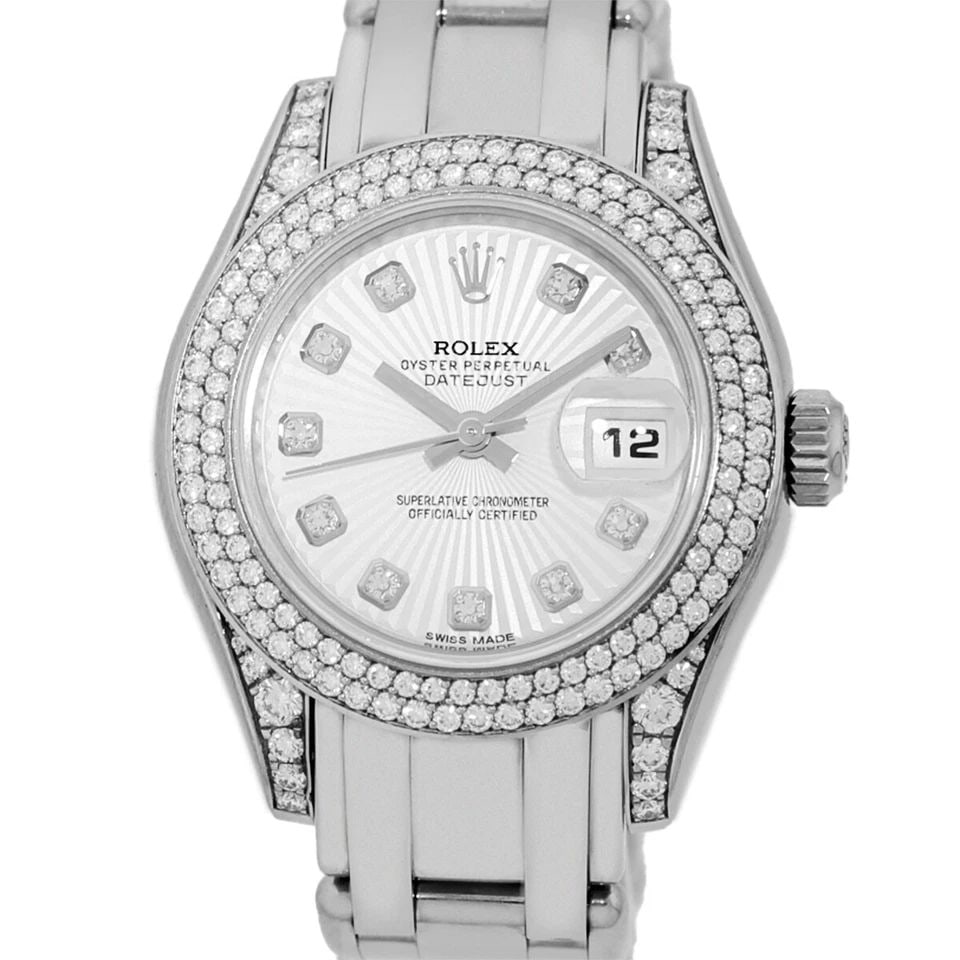 ROLEX 18K WHITE GOLD MASTERPIECE PEARLMASTER FACTORY DIAMOND 80359 BOX MINTY: ROLEX 18K WHITE GOLD MASTERPIECE PEARLMASTER FACTORY DIAMOND 80359 BOX MINTY ROLEX 18K White Gold Masterpiece Pearlmaster Factory Diamonds 80359 Pre-Owned Lady's 18K White Gold Rolex Diamond "Masterpi