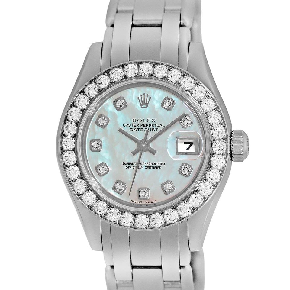 ROLEX 18K WHITE GOLD LADY FACTORY DIAMOND MASTERPIECE 80299 BOX WARRANTY MINTY: ROLEX 18K WHITE GOLD LADY FACTORY DIAMOND MASTERPIECE 80299 BOX WARRANTY MINTY ROLEX 18K White Gold Lady Diamond Masterpiece 80299 BOX MINTY Certified Pre-Owned Lady's 18K White Gold 29mm Rolex Diamon