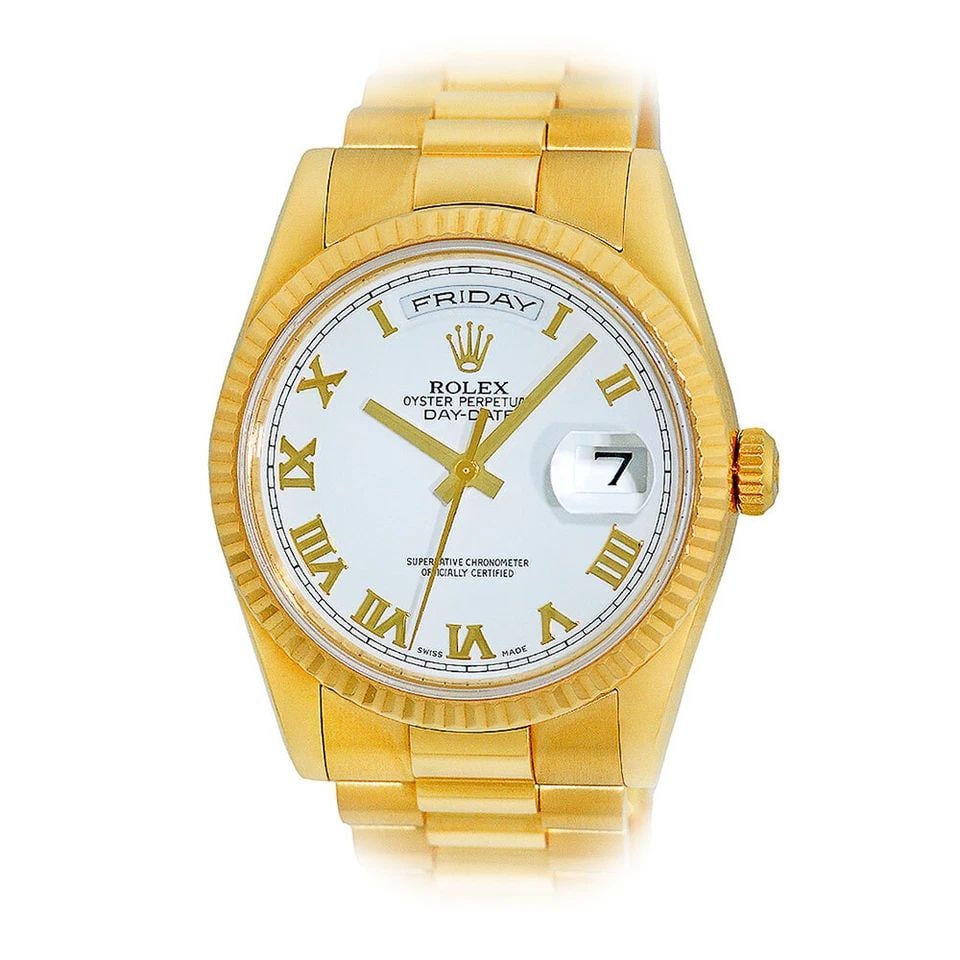 ROLEX 18K YELLOW GOLD 36MM DAY DATE PRESIDENT 18238 BOX LIFETIME WARRANTY: ROLEX 18K YELLOW GOLD 36MM DAY DATE PRESIDENT 18238 BOX WARRANTY ROLEX 18K Yellow Gold 36mm Day Date President 18238 Box Warranty MINTY Pre-Owned Gent's 18K Yellow Gold 36mm Rolex Day-Date "President"