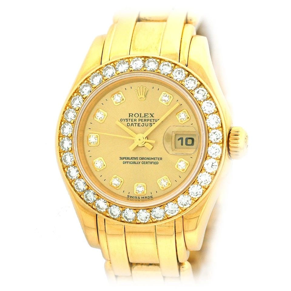 ROLEX 18K YELLOW GOLD 29MM PEARLMASTER MASTERPIECE FACTORY DIAMONDS # 69298 BOX: ROLEX 18K YELLOW GOLD 29MM PEARLMASTER MASTERPIECE FACTORY DIAMONDS # 69298 BOX ROLEX 18K Yellow Gold 29mm Pearlmaster Masterpiece Factory Diamonds # 69298 Certified Pre-Owned Lady's 18K Yellow Gold R