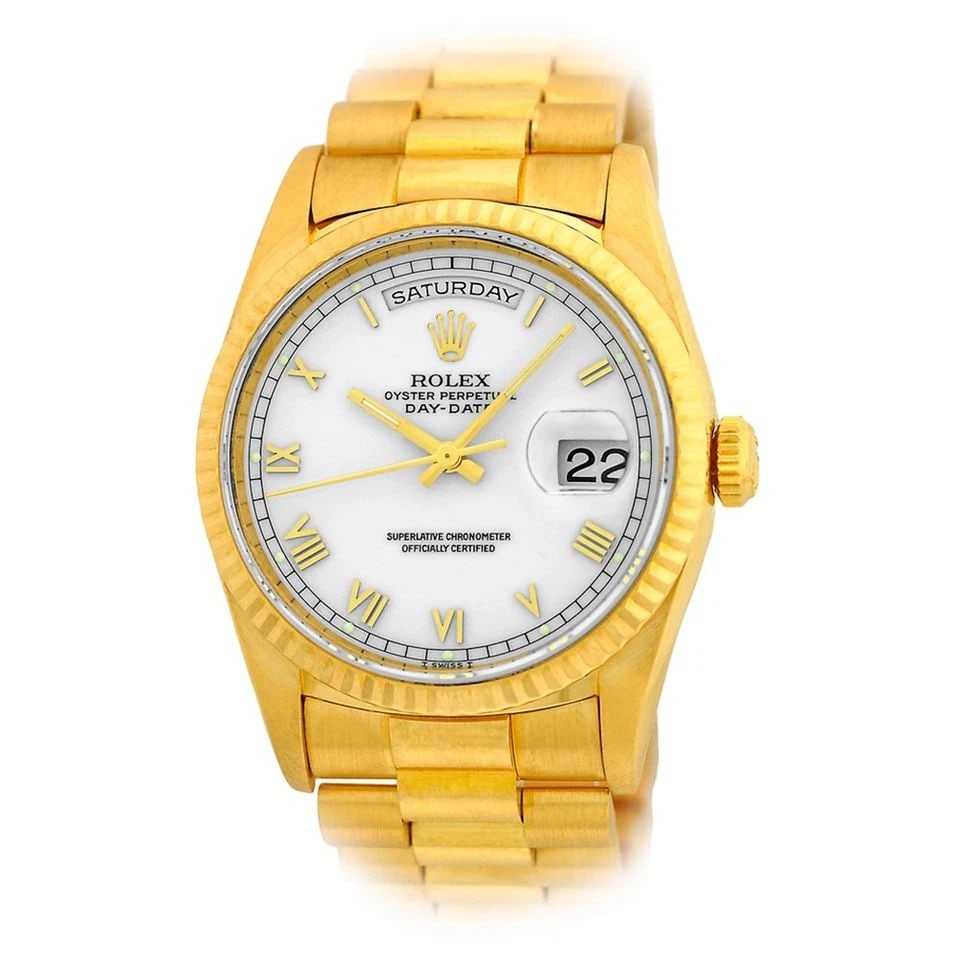 ROLEX 18K YELLOW GOLD 36MM DAY-DATE PRESIDENT 18238 BOX LIFETIME WARRANTY MINTY: ROLEX 18K YELLOW GOLD 36MM DAY-DATE PRESIDENT 18238 BOX LIFETIME WARRANTY MINTY BRAND: Rolex Model: Day-Date "President" Reference No: 18238 Case Measurements: Case Diameter: 36mm Case Thickness: 12mm