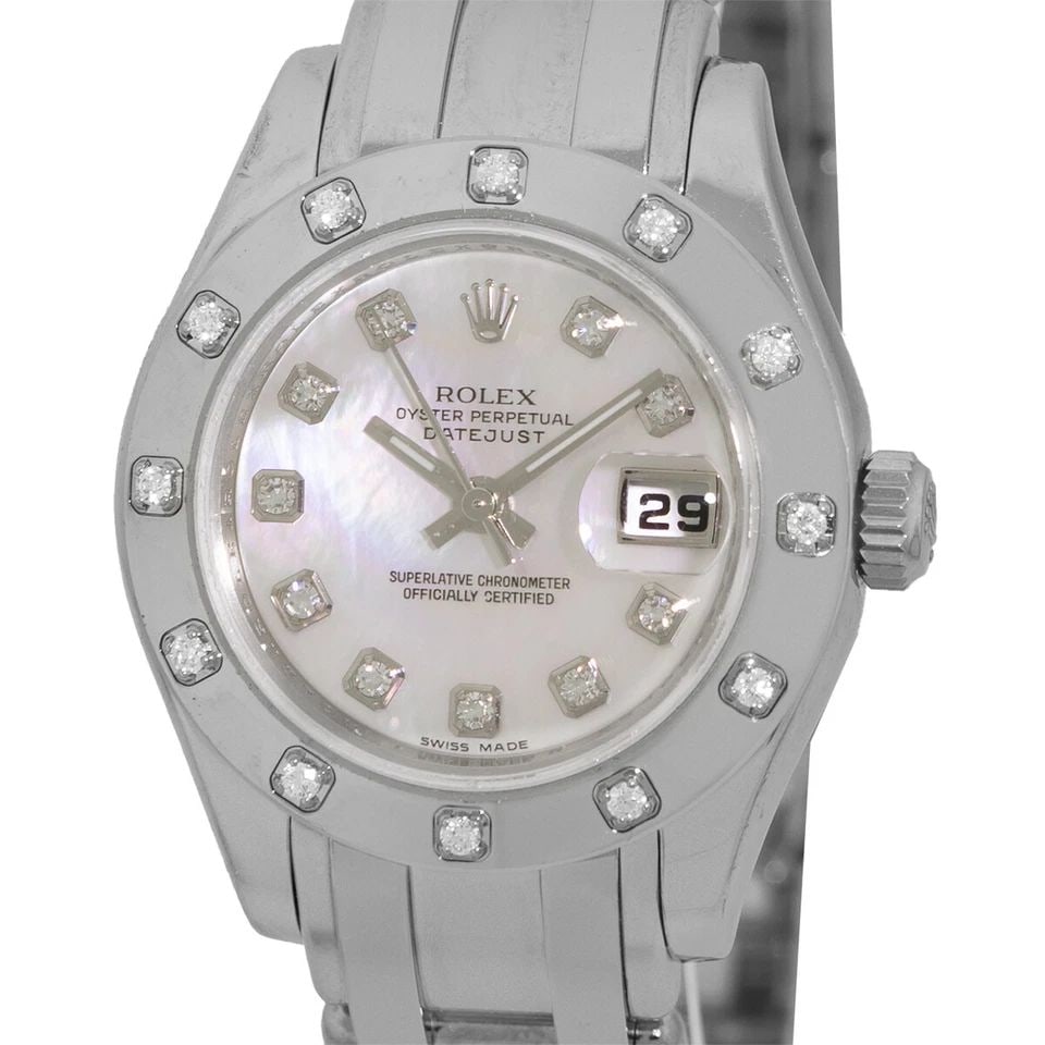 ROLEX 18K WHITE GOLD PEARLMASTER MASTERPIECE FACTORY DIAMONDS 80319 BOXWARRANTY: ROLEX 18K WHITE GOLD PEARLMASTER MASTERPIECE FACTORY DIAMONDS 80319 BOXWARRANTY ROLEX 18K White Gold Pearlmaster Masterpiece Factory Diamonds # 80319 Box Certified Pre-Owned Lady's 18K White Gold 29mm