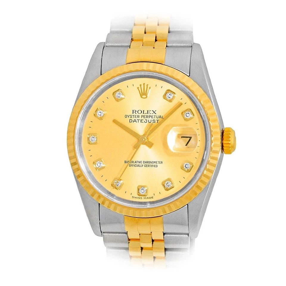 ROLEX STAINLESS STEEL & 18K YELLOW GOLD 36MM DATEJUST 16233 BOX WARRANTY: ROLEX STAINLESS STEEL & 18K YELLOW GOLD 36MM DATEJUST 16233 BOX WARRANTY BRAND: Rolex Model: Datejust Reference No: 16233 Gender: Gent’s Movement: Handmade Swiss Chronometer Certified (COSC) Automat