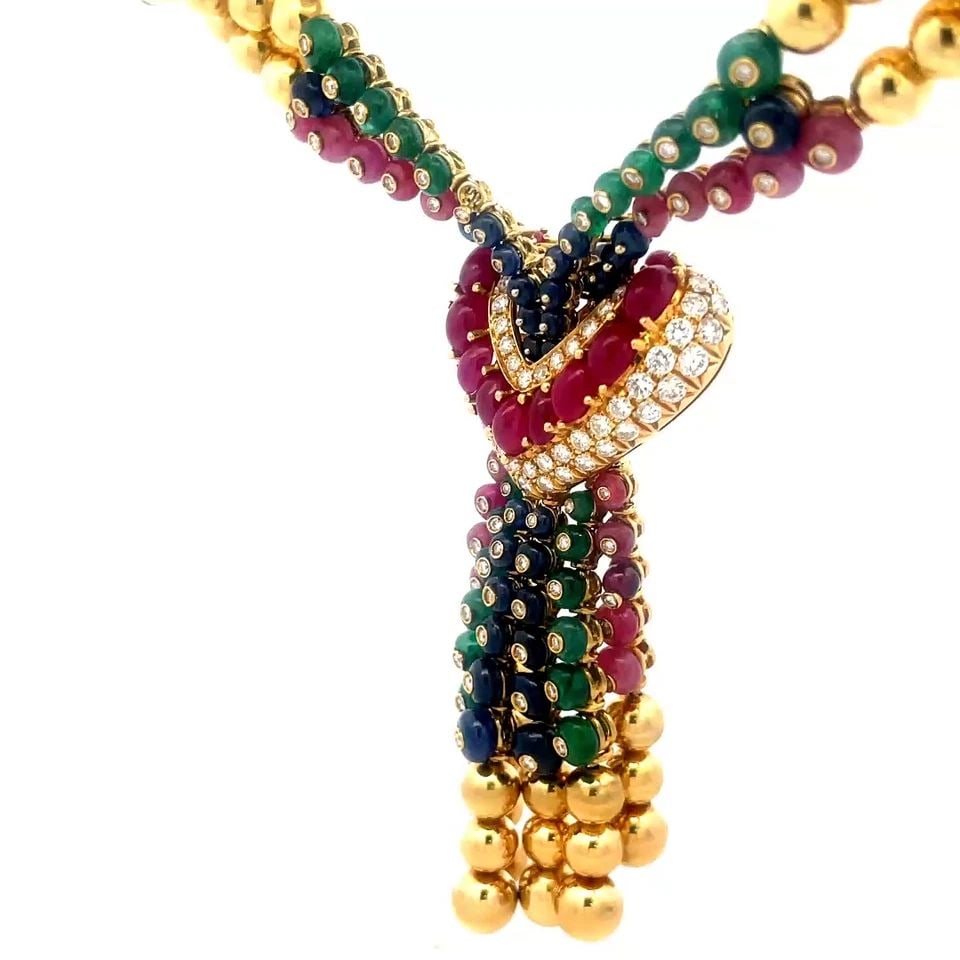 DIAMOND GOLD ESTATE NECKLACE 18K YELLOW GEMSTONE HEART TASSEL PENDANT BEADED (1 of 1)