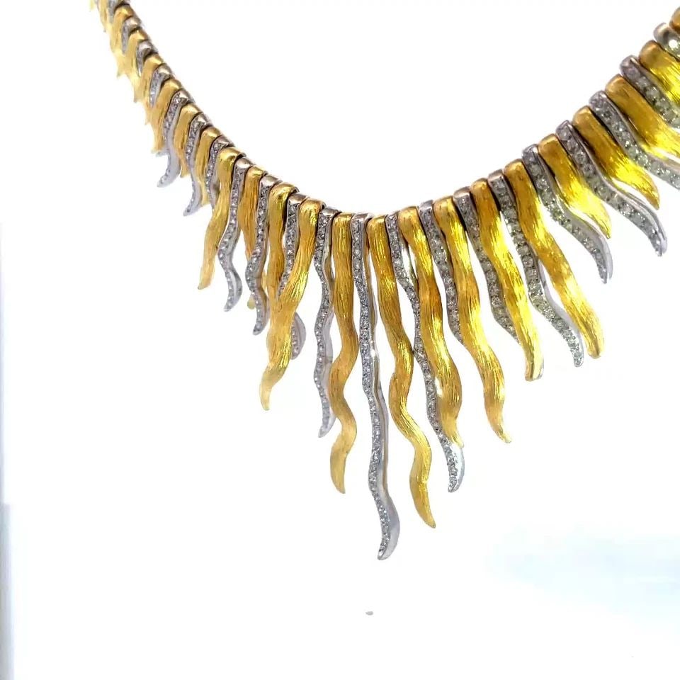 DIAMOND GOLD SUNBURST BIB NECKLACE 18K TWO TONE PAVE SET TEXTURED 14K CHAIN (1 of 1)