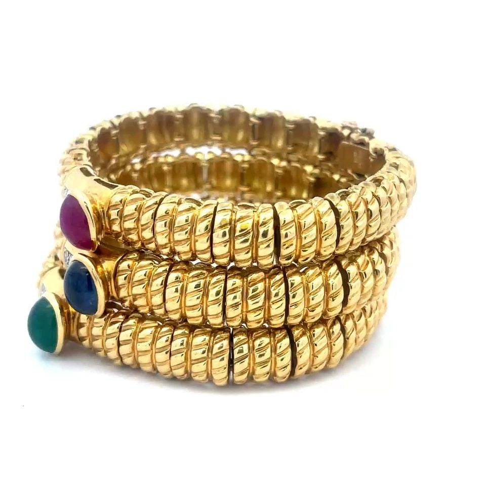 DIAMOND & GEMS GOLD BRACELETS SET OF 3 CABOCHON 18K YELLOW CASSIS BANGLES 155GR (1 of 2)