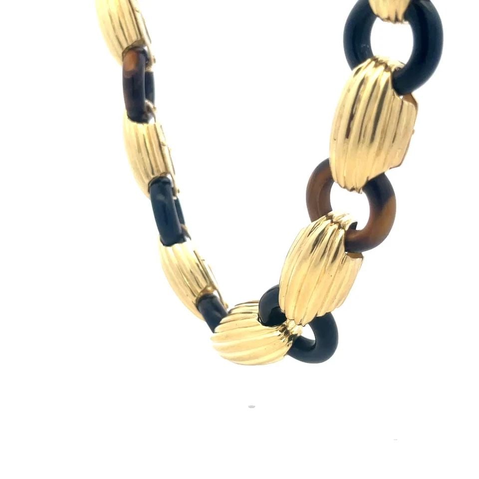 TIGER'S EYE 18K GOLD LONG NECKLACE YELLOW RIB & RING LINKS VINTAGE 26" L 166GR (1 of 2)